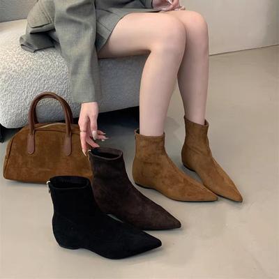 Version cuir vache daim bottines courtes simples pointues pour femmes automne et hiver nouveau zip arrière bottes fines bottes de mode femmes