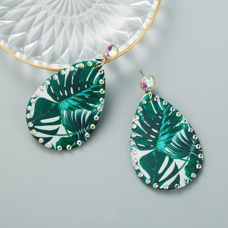 Women Double-sided Palma Print Drop Earrings Titanium Steel Zircon Crystal Droplet Leather Bohemia Ear Ornaments