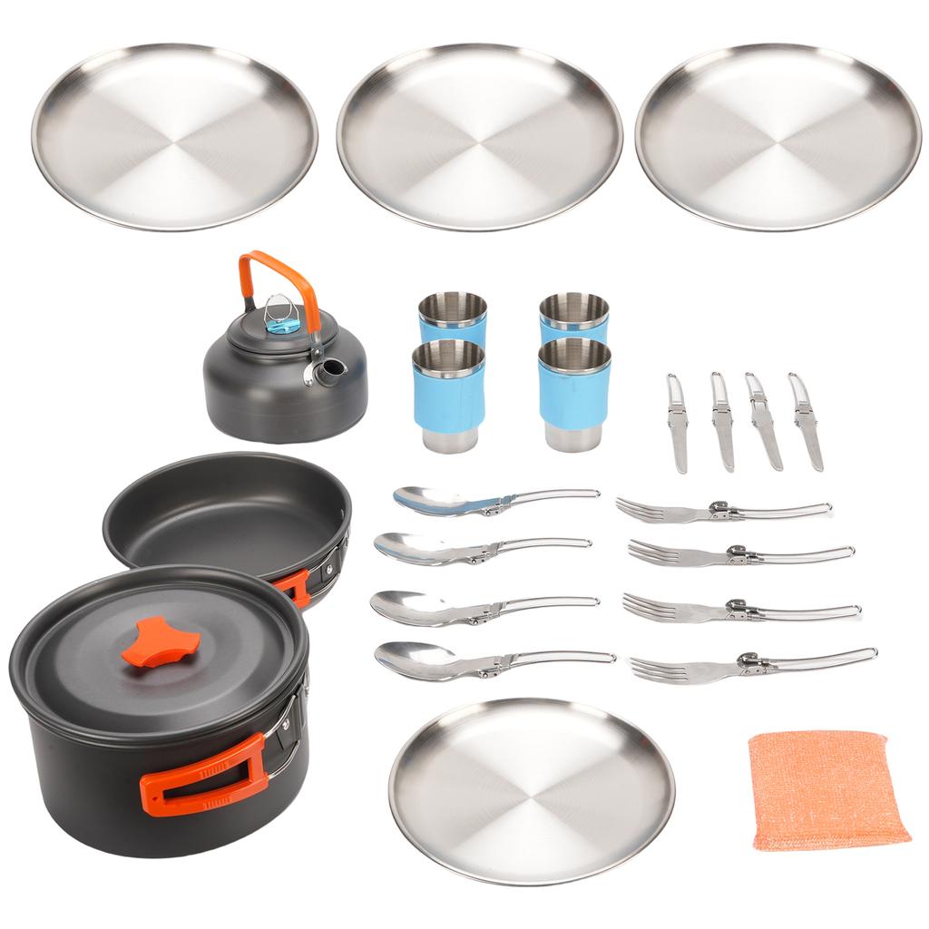 Outdoor Camping Cookware Set Portable Utensil Kit 4-Person Pan Kettle with Plate for Backpacking Hiking