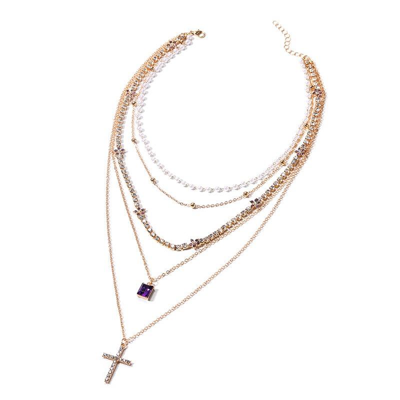 Jewelry exaggerated diamond-set cross necklace personalized stacking square diamond pendant full of diamond stars