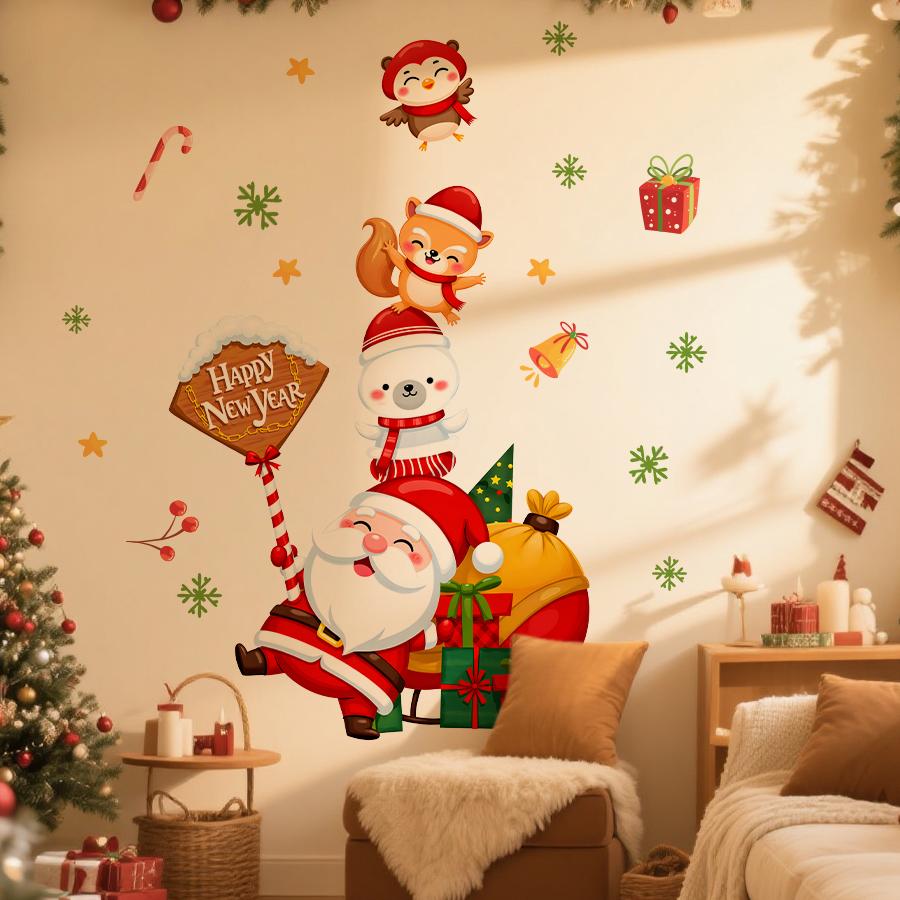 1pc Cartoon Santa Claus Wall Stickers, Removable PVC Holiday Decoration for Kids Baby Room Bedroom Nursery Decoration Wall Decal