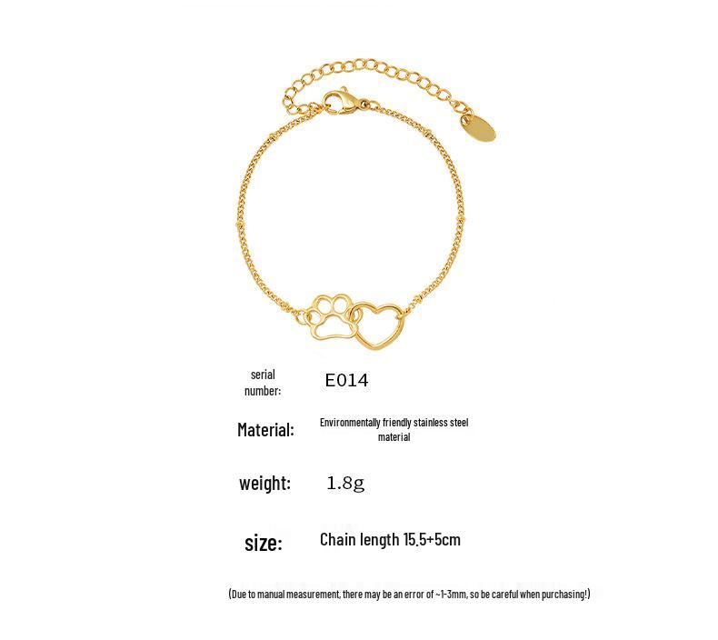 Stainless Steel Gold-Plated Cat Paw Heart Chain Bracelet - Cute & Versatile Fashion Accessory