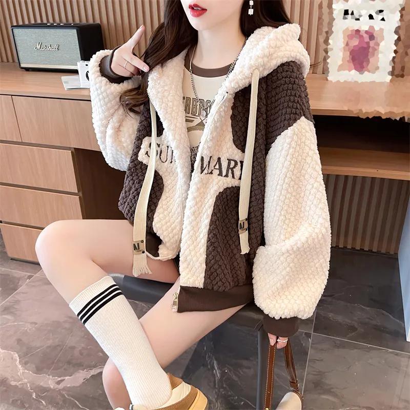 WTEMPO Color Matching Polar Fleece Jacket Women's Hooded Thick Warm Zipper Coats Autumn Winter Women Large Size Plush Jackets
