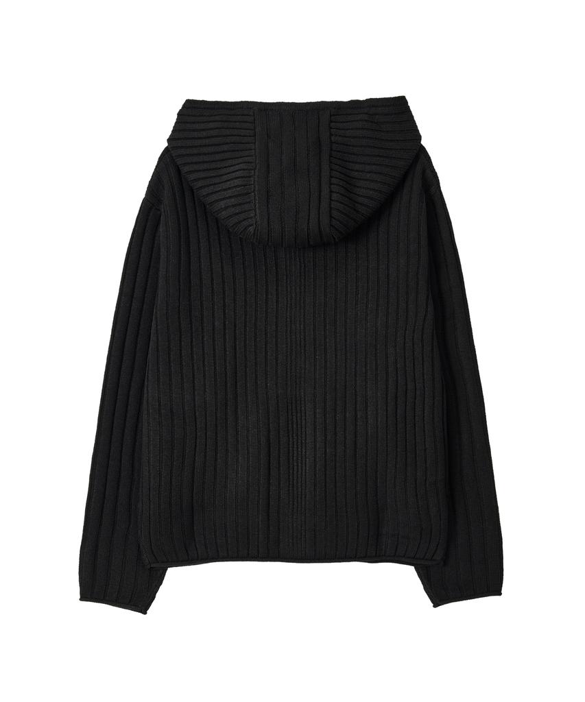 Uallong Rib Knit Hoodie Zip-Up - Black