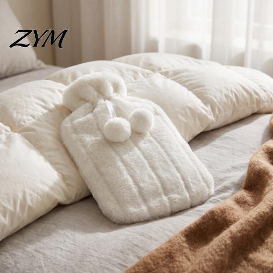 Reusable Hot Water Bag 2L Bottle with Plush Cover, Pompom Drawstring Explosion Proof Bag, Winter Warm for Hands, Feet, Stomach 2000ML