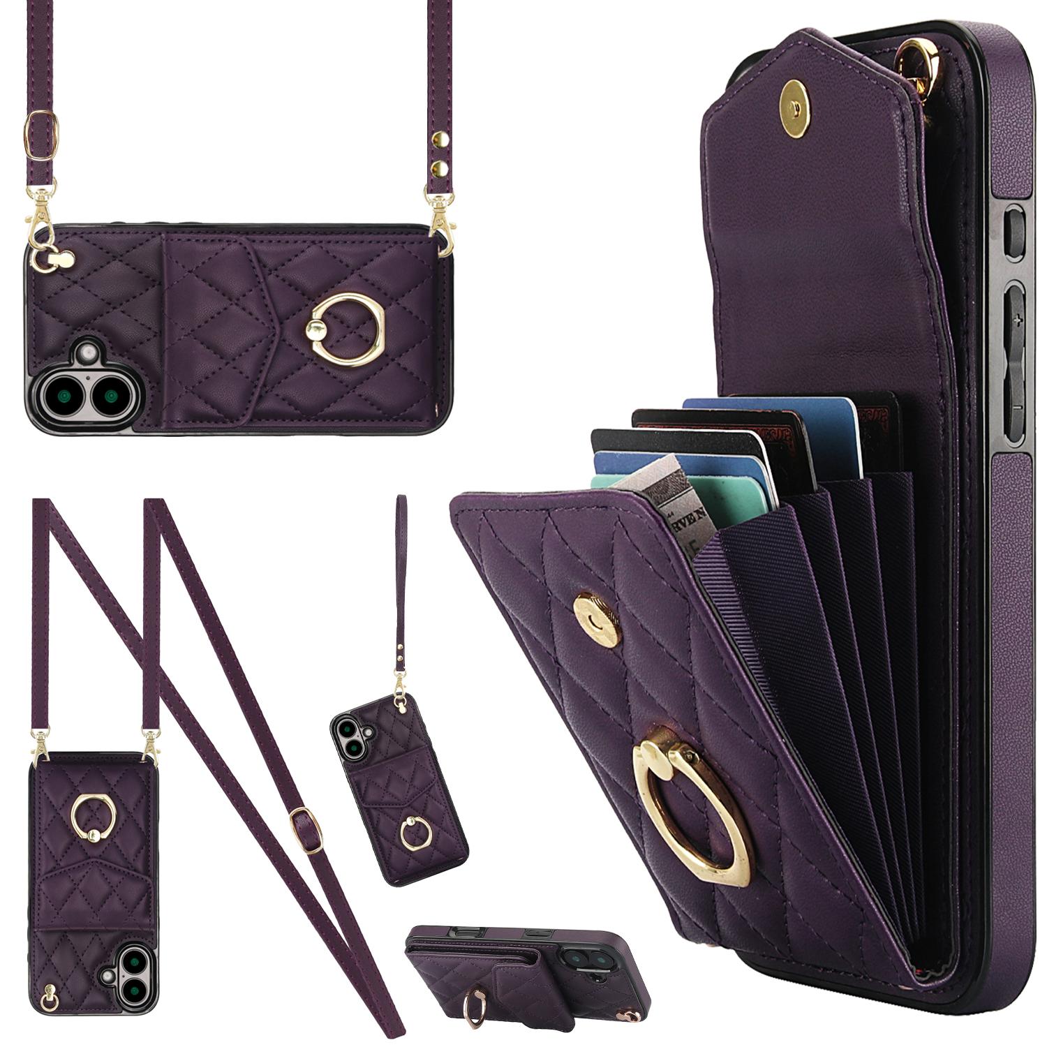 

For iPhone 16 Case Card Bag Leather+TPU Crossbody Phone Cover with Ring Kickstand Dark Purple