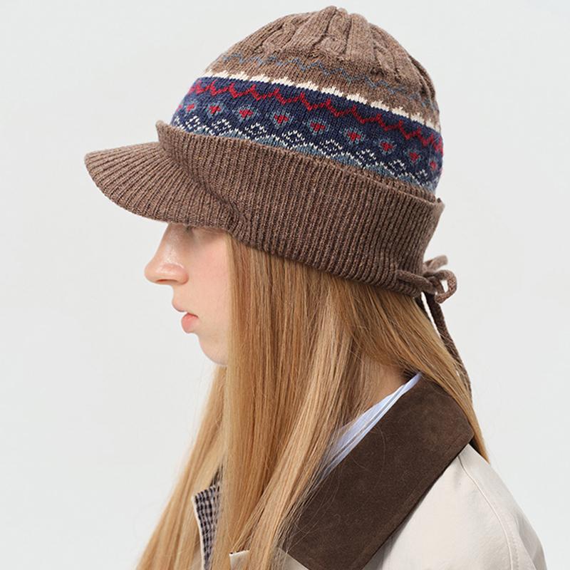Fashion Women Windproof Warm Knitted Hat Coldproof Short Brim Peaked Cap Lady Cold Resistant Ear Protection Beanies Ski Caps