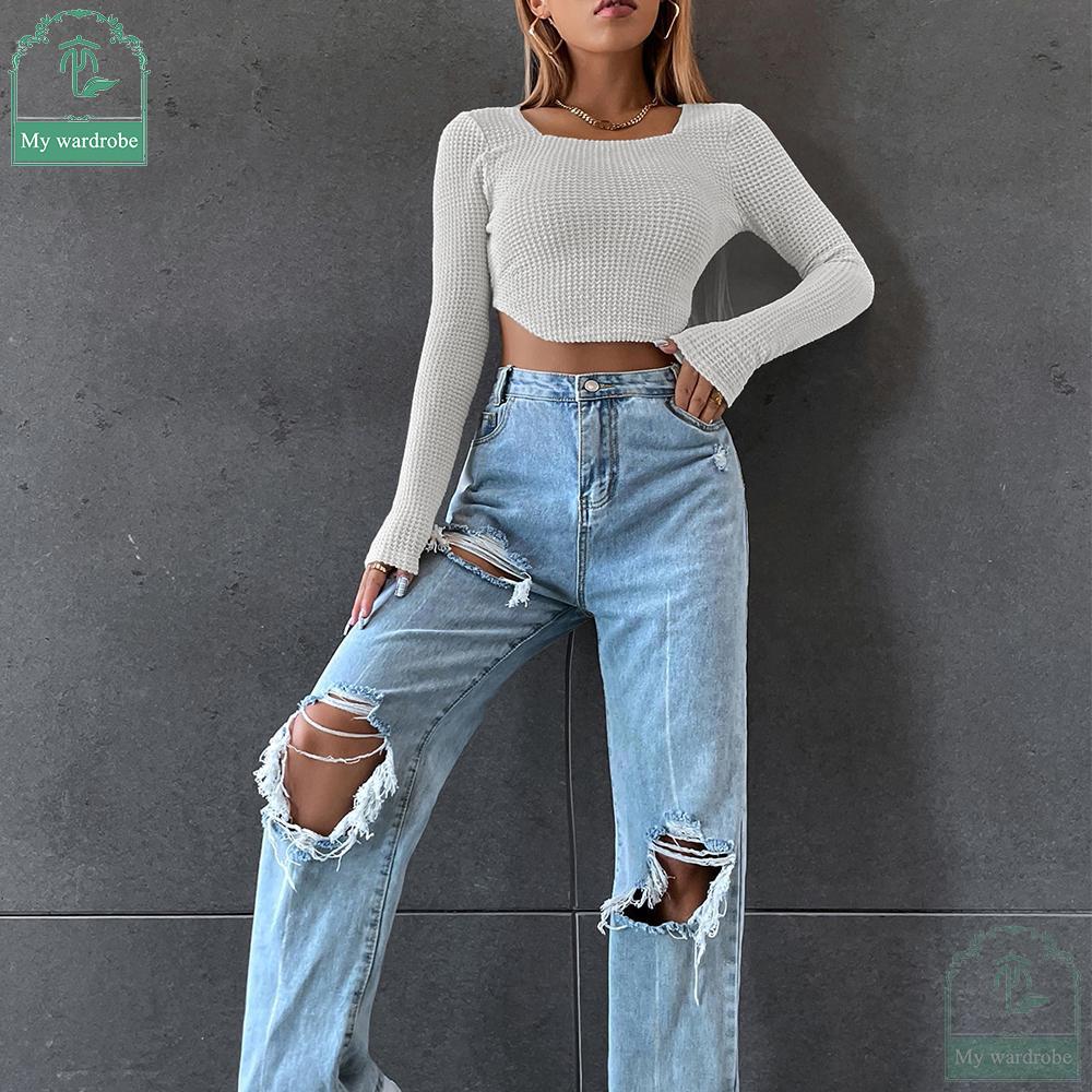 My Garderobe Authorization Damen Langarm-Strick-Crop-Top, quadratischer Ausschnitt, tailliert, asymmetrischer Saum, kurze T-Shirts