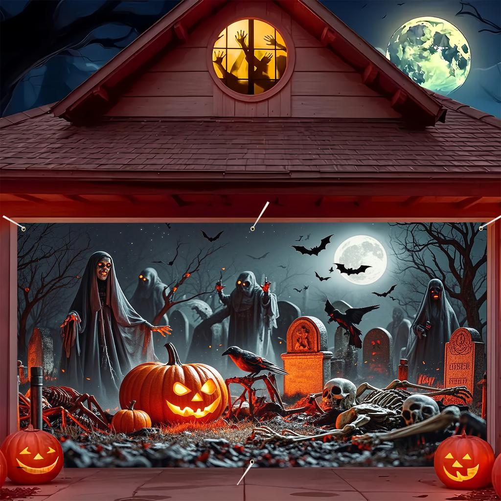2D banner 1 piece Halloween garage door decoration with pumpkin bat tombstone and ghost design Halloween decoration