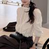 Womens Linen French Lace Shirt Cold Style Relaxed Fit Convertible Top Solid Color Long Sleeve Round Neck Office