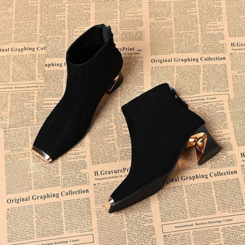 New Women's Retro Square Toe Suede Ankle Boots - Metal Toe Back Zipper Chunky Heel  Boots Design Autumn Winter