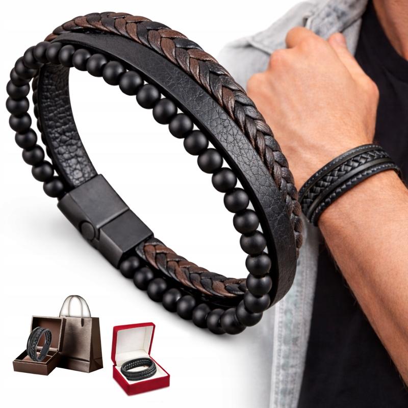 THICK Men' Leather Bracelet TITANIUM Braided for Men' Wrist