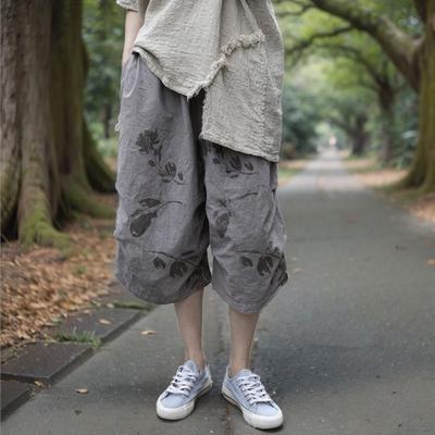 Damen Vintage Hose mit weitem Bein Print Floral Sommerhose Grau Lockere wadenlange Hose
