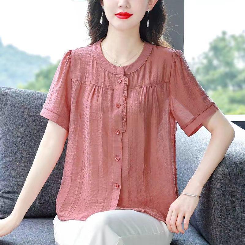 Spring/Summer 2025 Cotton-Linen Loose Slimming Round Neck Solid Color Blouse for Moms