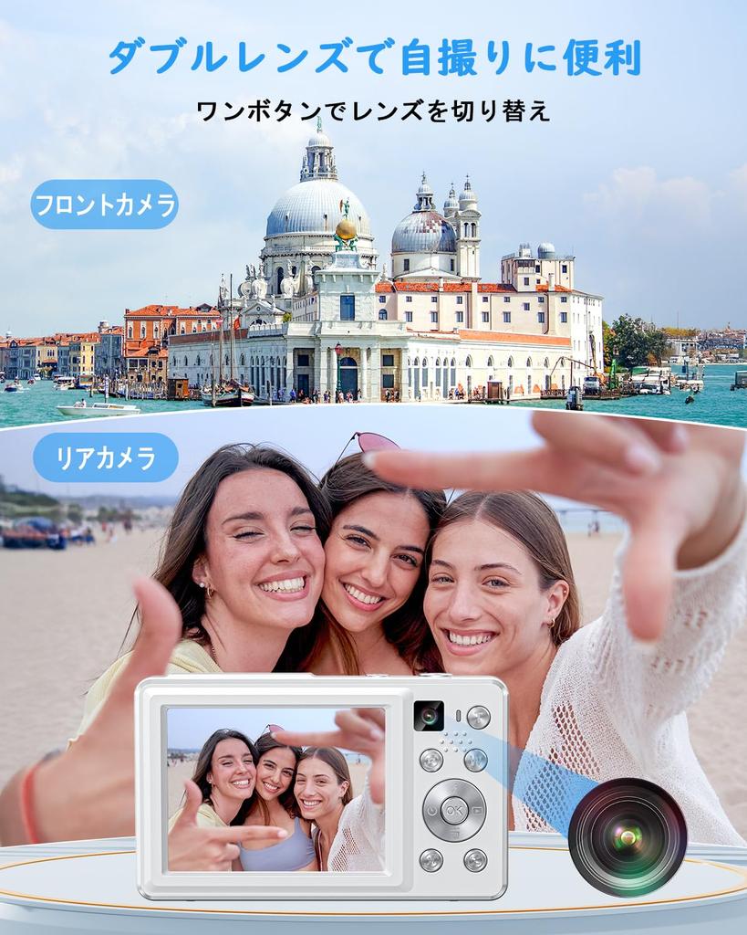 CAMKORY 4K Digital Camera New Model AF 48MP 16x Zoom Dual Lens Selfie Compact Webcam Vlog Camera Lightweight 32GB Card Included Japanese Instruction