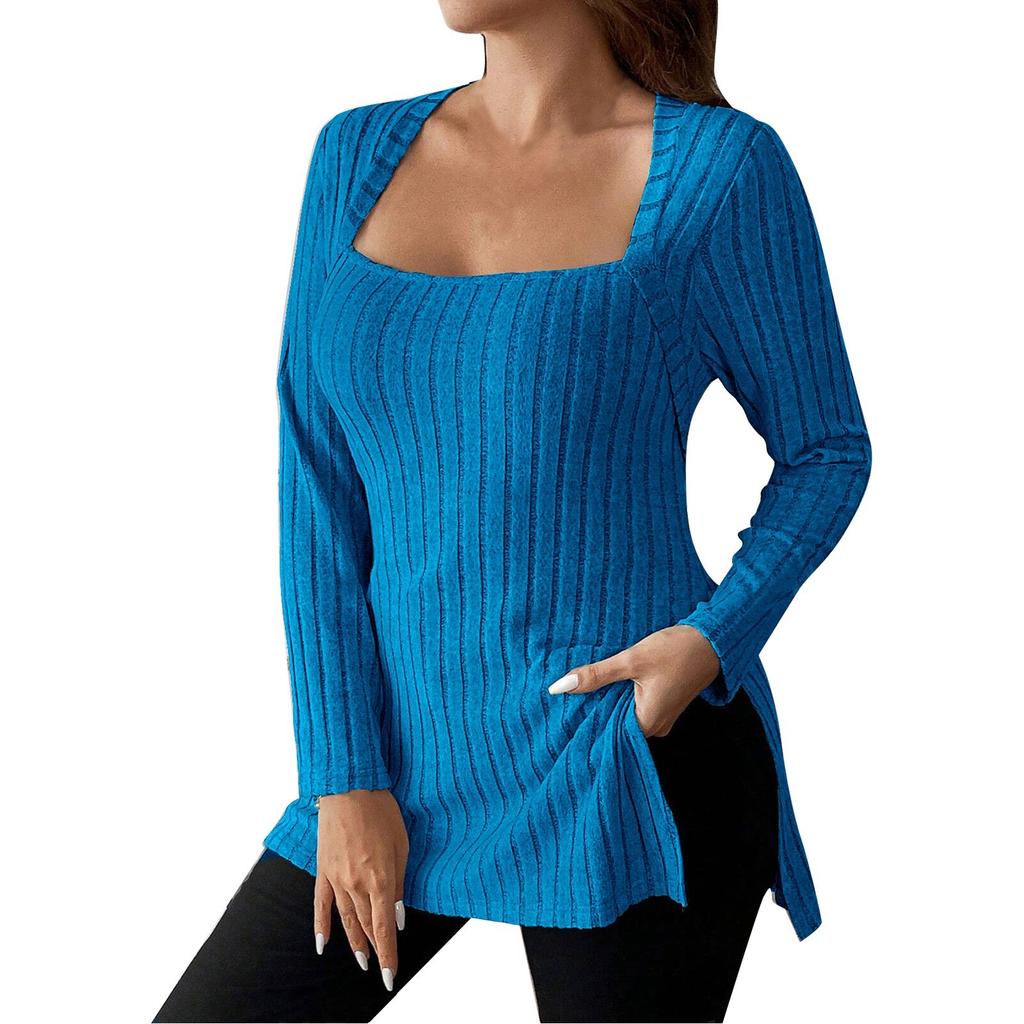 Women's Plus Size Casual And Fashionable Square Neck Long Sleeved Slit Top Slit Top
