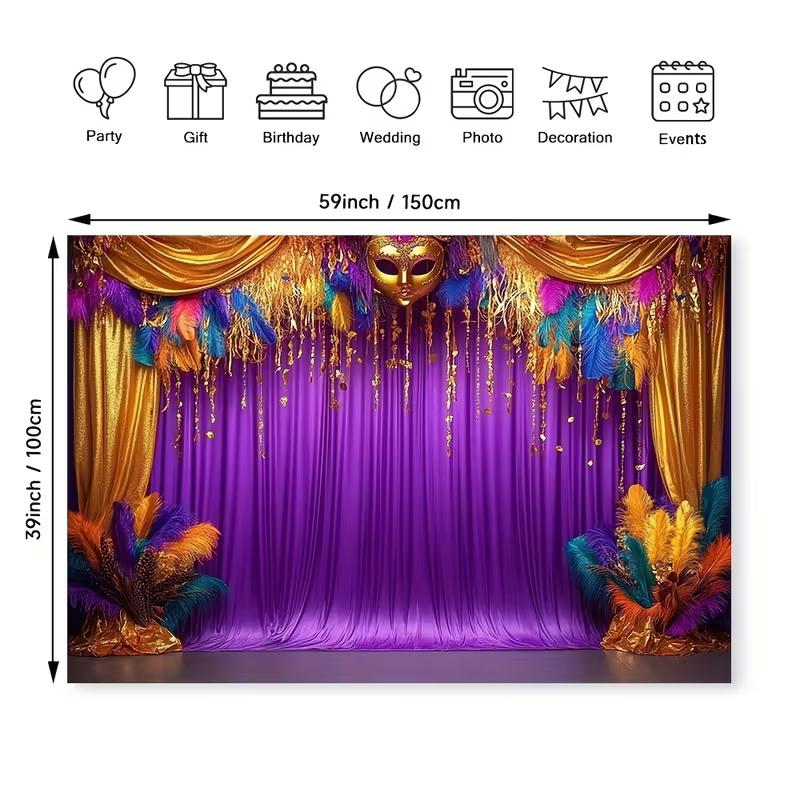 2D Festive Mardi Gras Curtain Backdrop Banner with Golden Mask