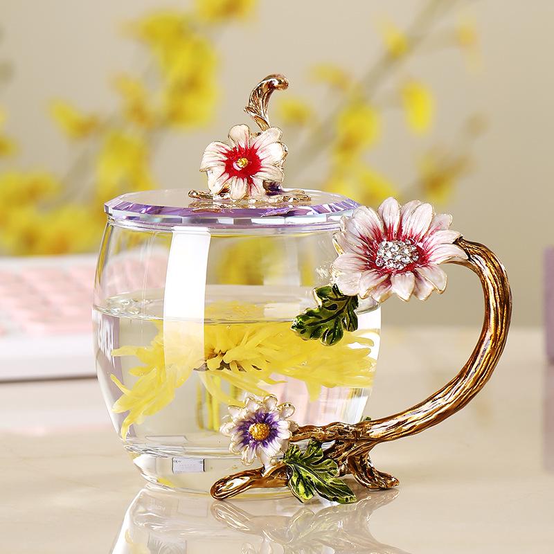 Paris March Enamel Flower Tea Cup - High-Temp Resistant Crystal Glass Gift for Teacher's Day or Girlfriend