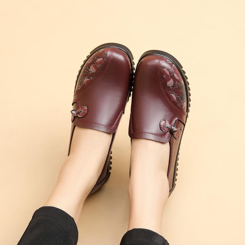 Women's Spring and Autumn PU Leather Soft Soled Single Shoes for Middle-aged and Elderly People, Comfortable Flat Bottomed Non Slip Shoes