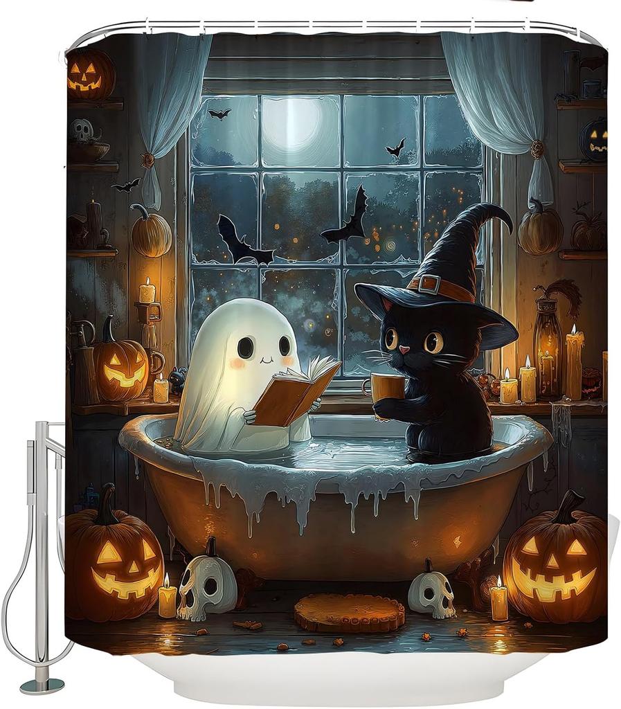 Halloween Funny Ghost Shower Curtain Spooky Gothic Cute Ghost Black Cat Reading In Bathtub Pumpkin Bat Skull Dark Horror