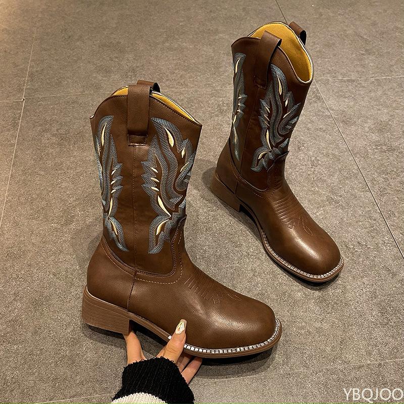 Fashion Versatile Retro Spring Summer Coarse Heel Embroidered Mid Barrel Square Head Boots Large Size Simple Comfortable Versatile Boots
