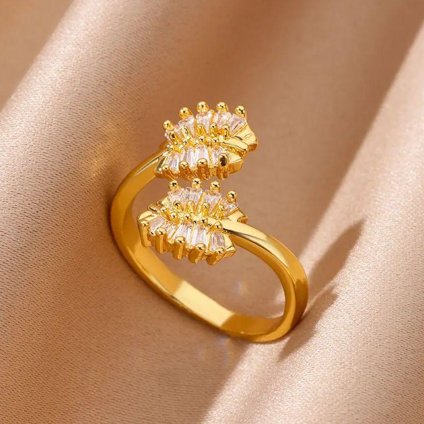 Vintage Zircon Hug Leaf Rings for Women Stainless Steel Gold Color Adjustable Wedding Ring  Simple Statement Jewelry Gift