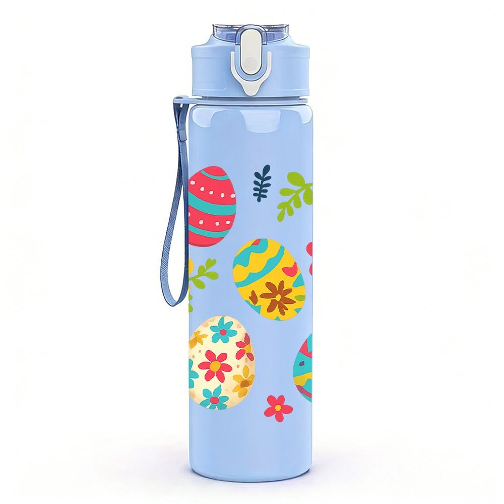 1PC Colorful Easter Egg Pattern Print 750ml Color Plastic Sports Water Bottle Leakproof Flip Straw Lid Suitable for Sports Office Home Use