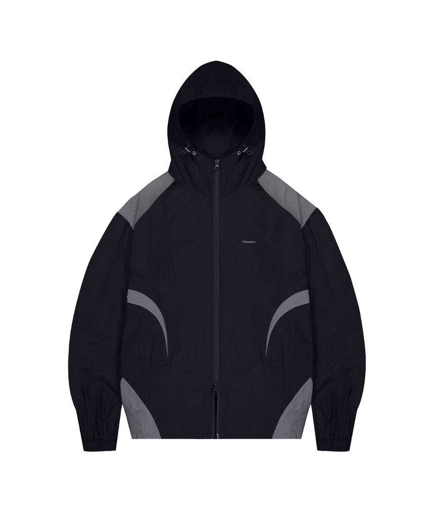 STANDARDERROR 87-Stan267 Nylon Shoulder Track Color Block Curved Hood Windbreaker Black