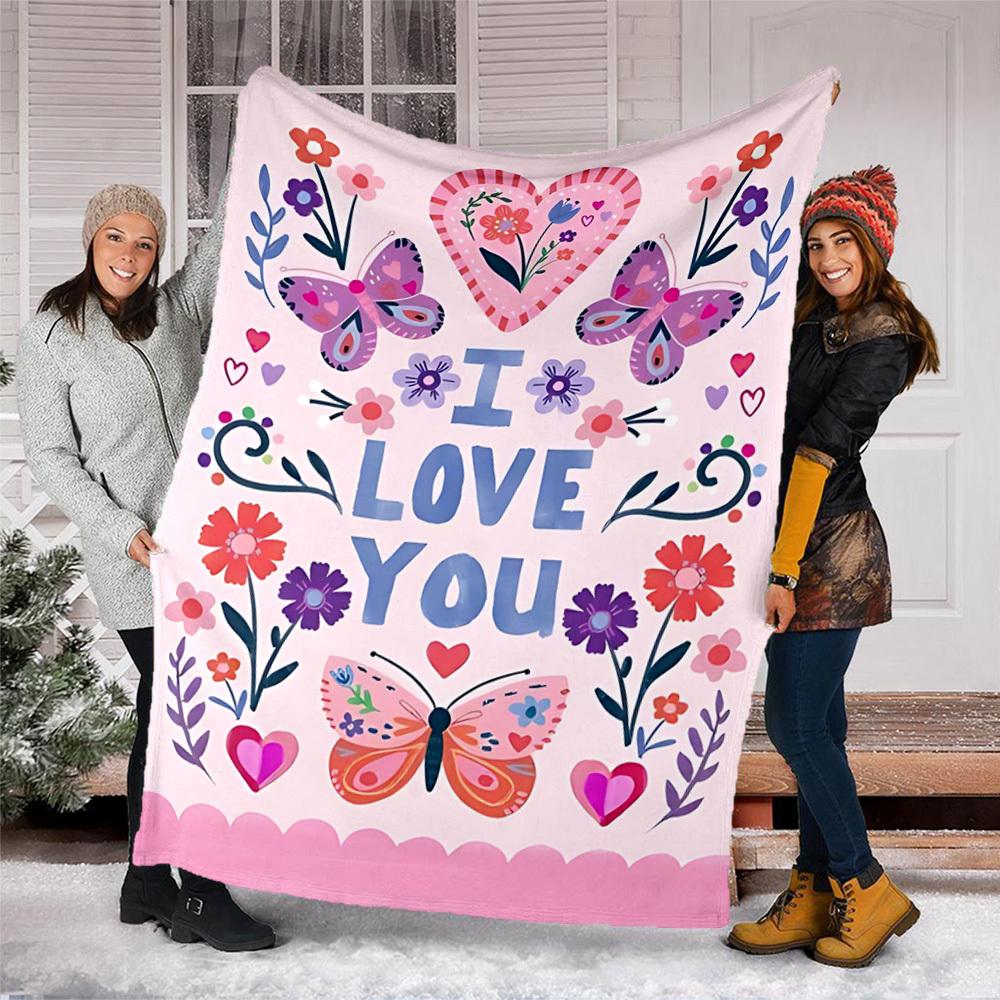1pc Butterfly Love Flowers Heart Outdoor Flannel Blanket , Machine Washable Perfect Gift for Birthday , Holiday Travel Accessory , Durable Material