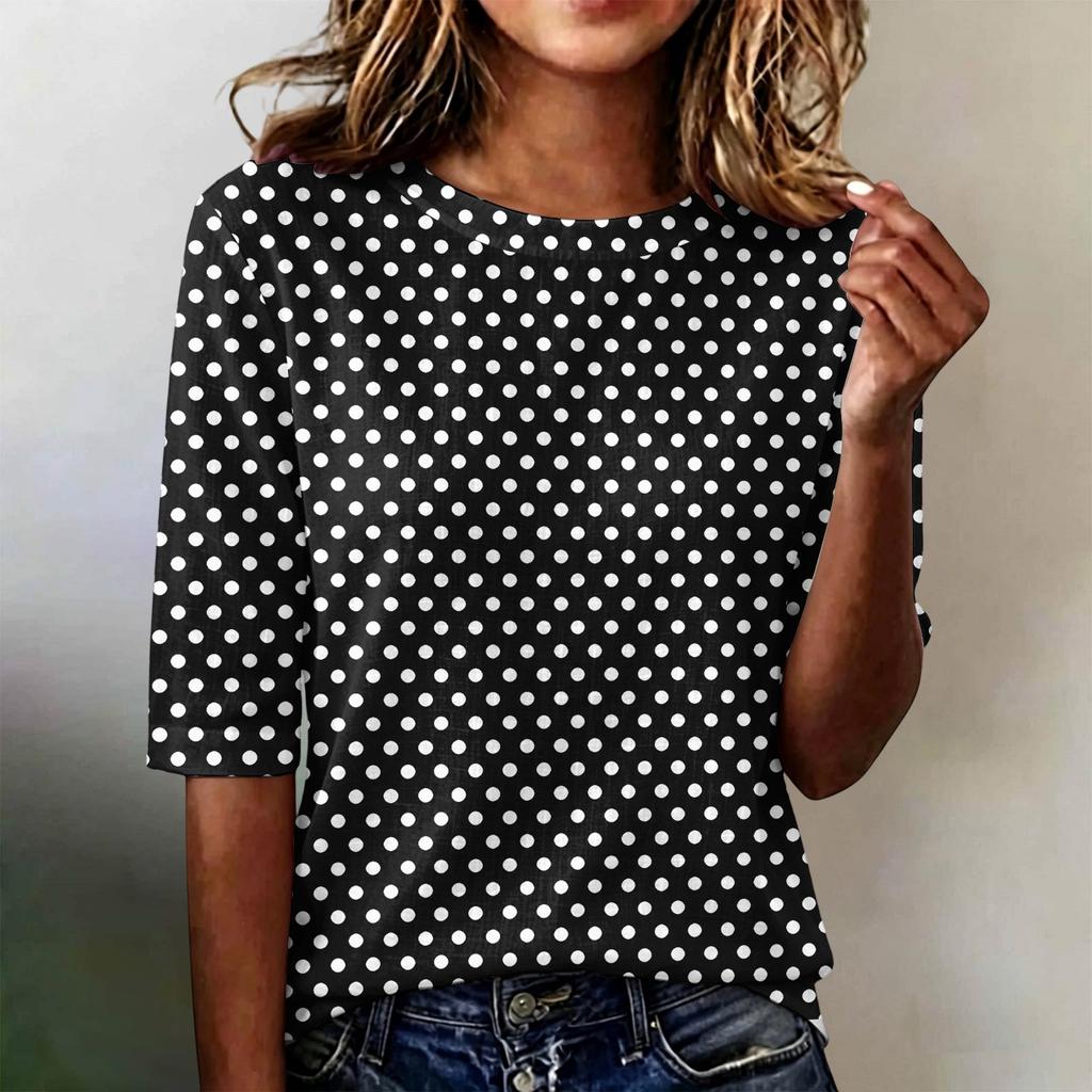 Women's Casual Loose Fit Short Sleeve Top Round Neck Lightweight Comfortable Soft Fabric Polka Dot Pattern Everyday Wear