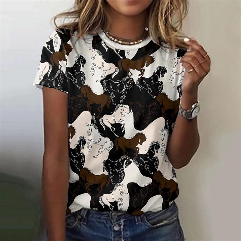 Vintage West Cowboy Horse Print T Shirts Feamle Casual Fashion Y2k Top Clothes Girls Street Loose Tees Summer Clothes Women 2025