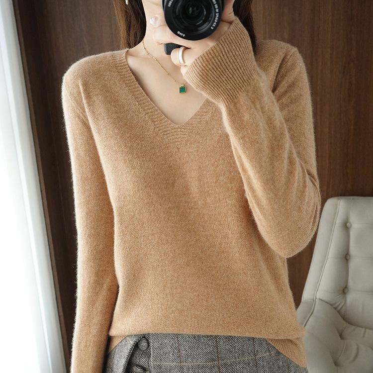 YYFS Women's Fashion Casual Solid Color Print Autumn Winter Long Sleeve V-Neck Pullovers & Long Sleeves