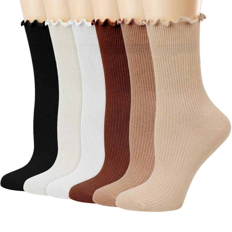 

6 Pairs Breathable Womens Ruffle Ankle Socks Soft Stretchy Ribbed Knitted Frilly Crew Socks for Daily Wear Fashionable Gift