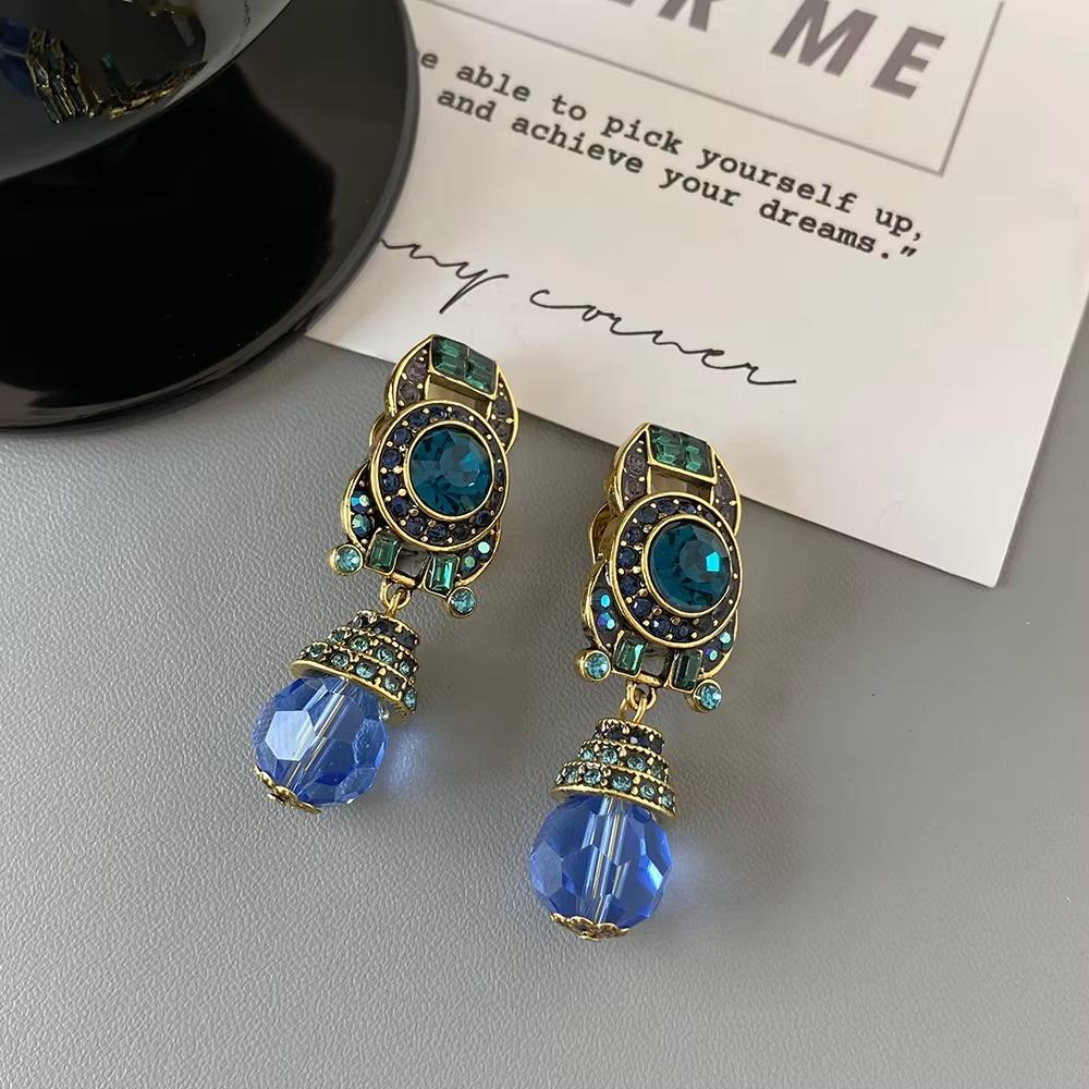 Vintage Aquamarine Ear Clip Sparkle Drop Earring Charms Blue Crystal Earring  Office Lady