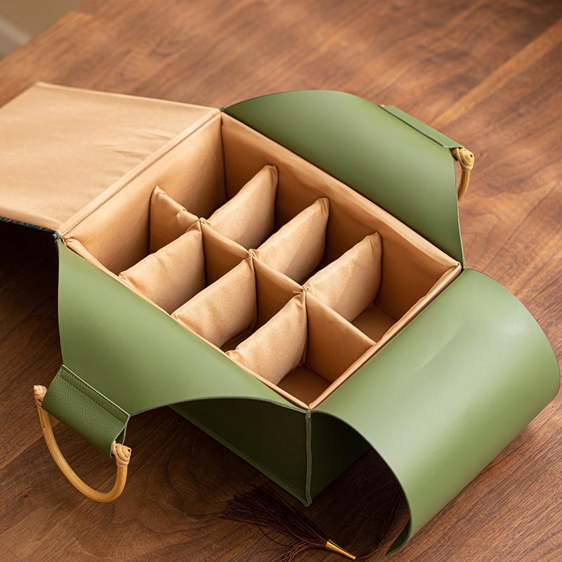 Premium Tea Set Birthday Gift Boxes Heart Shaped Leather Bamboo Handle Portable Storage Box Removable Storage Tea Set Empty Box