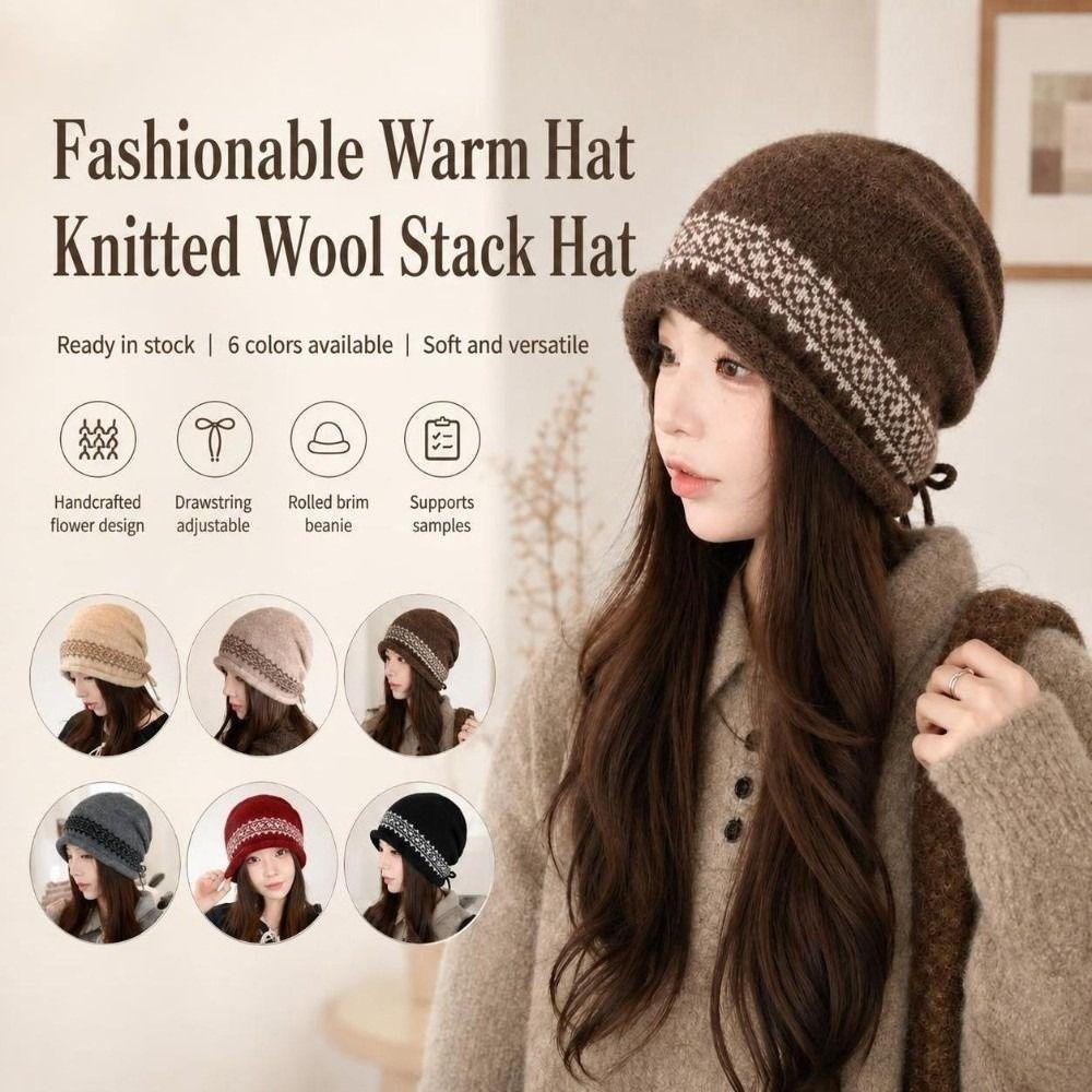 Vintage Women's Beanie Slouchy Fit Jacquard Knit Hat Durable Drawstring Knit Cap Daily Commute