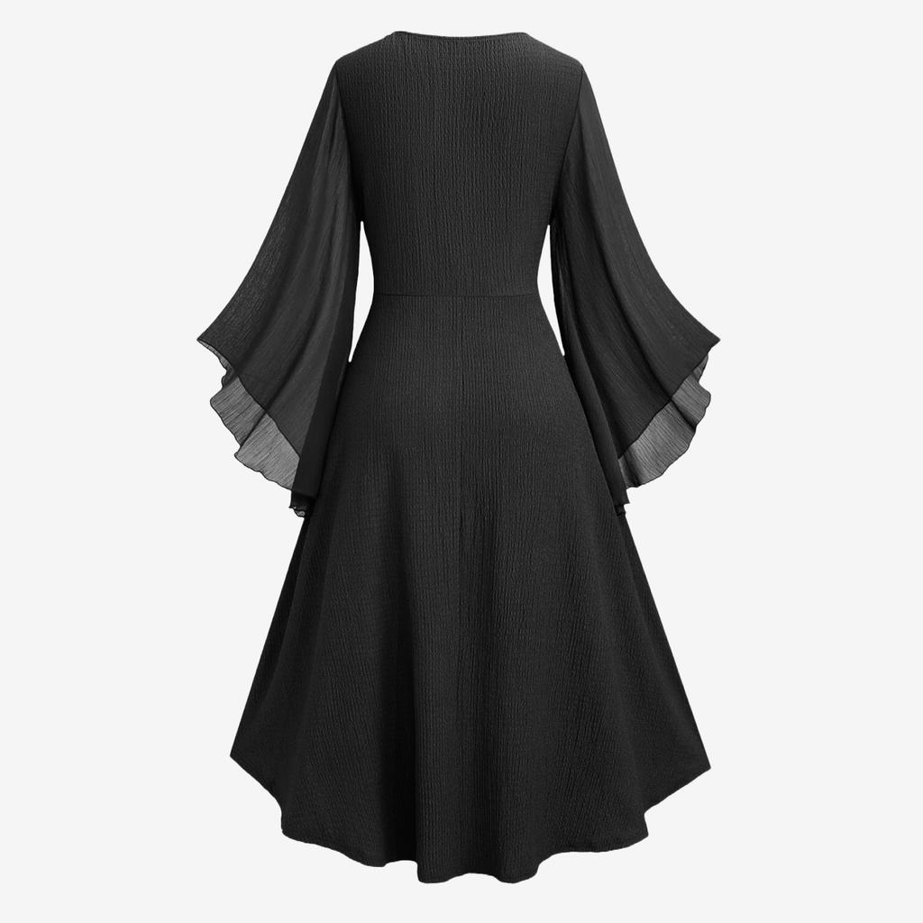 Women V Neck Long Sleeve Lace Up Maxi Dress with Split Hem and Flared Cuff Retro Style for Casual or Special Occasions