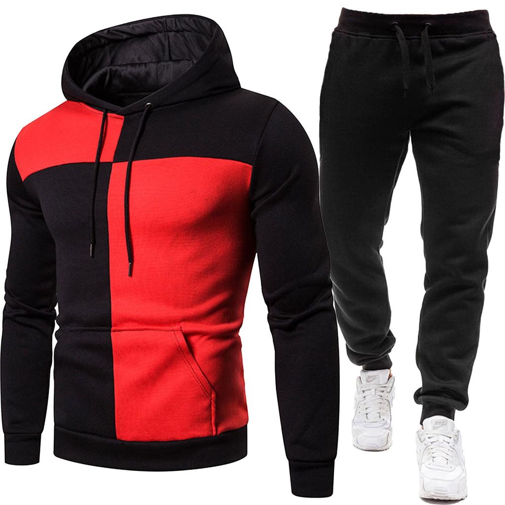 Men's Casual Sports Sweatshirt Set Color Blocked Sweatshirt+solid Sweatpants Fashionable Trendy