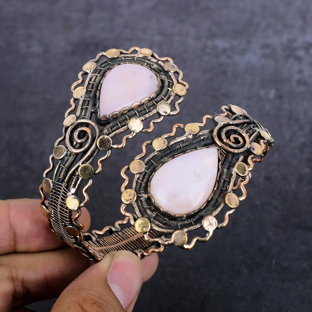 Natural Pink Opal Gemstone Handmade Copper Wire Wrap Cuff Bangle Adjustable o8Z16