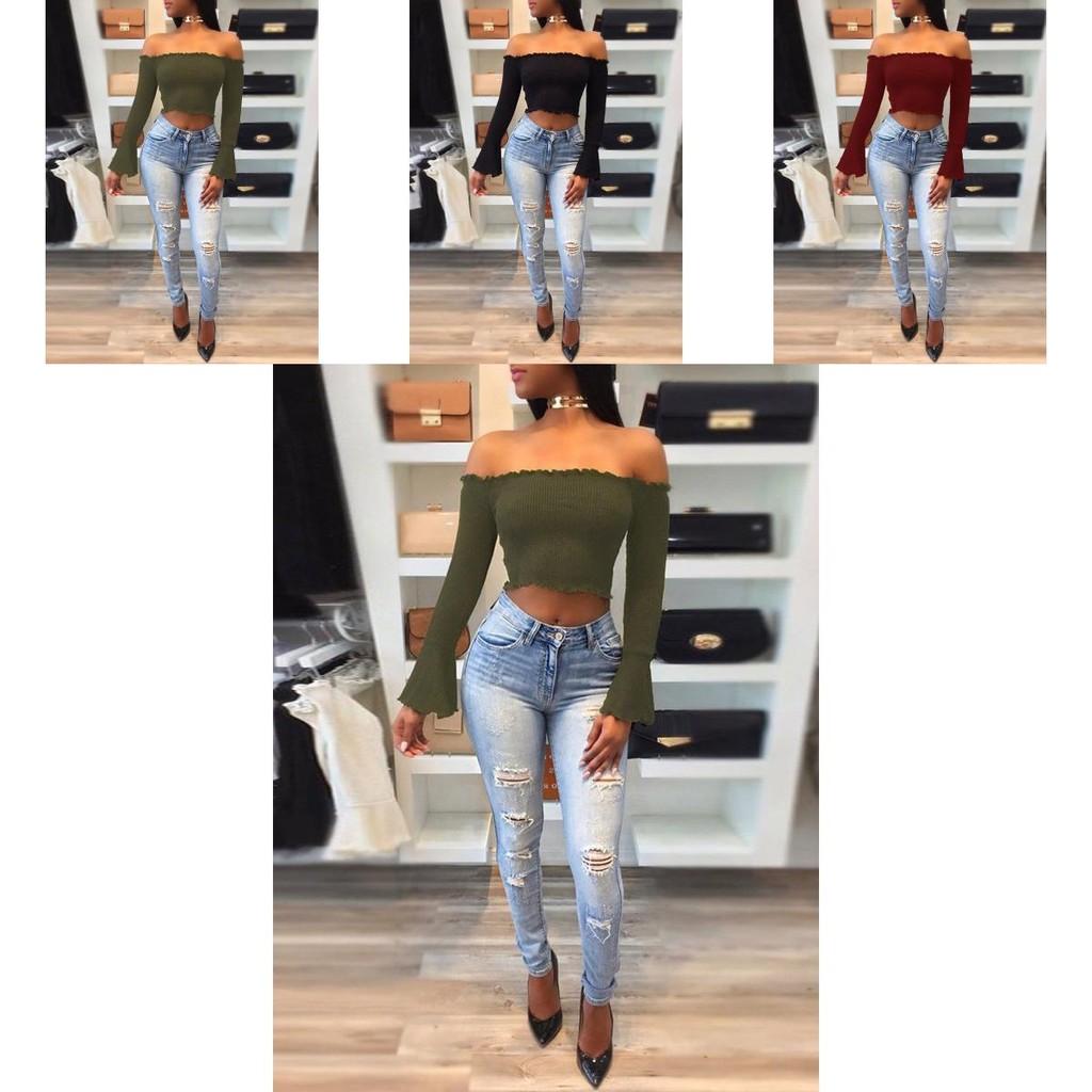 Women Summer Casual Off Shoulder Tank Top Stylish Long Sleeve Crop Top Shirt