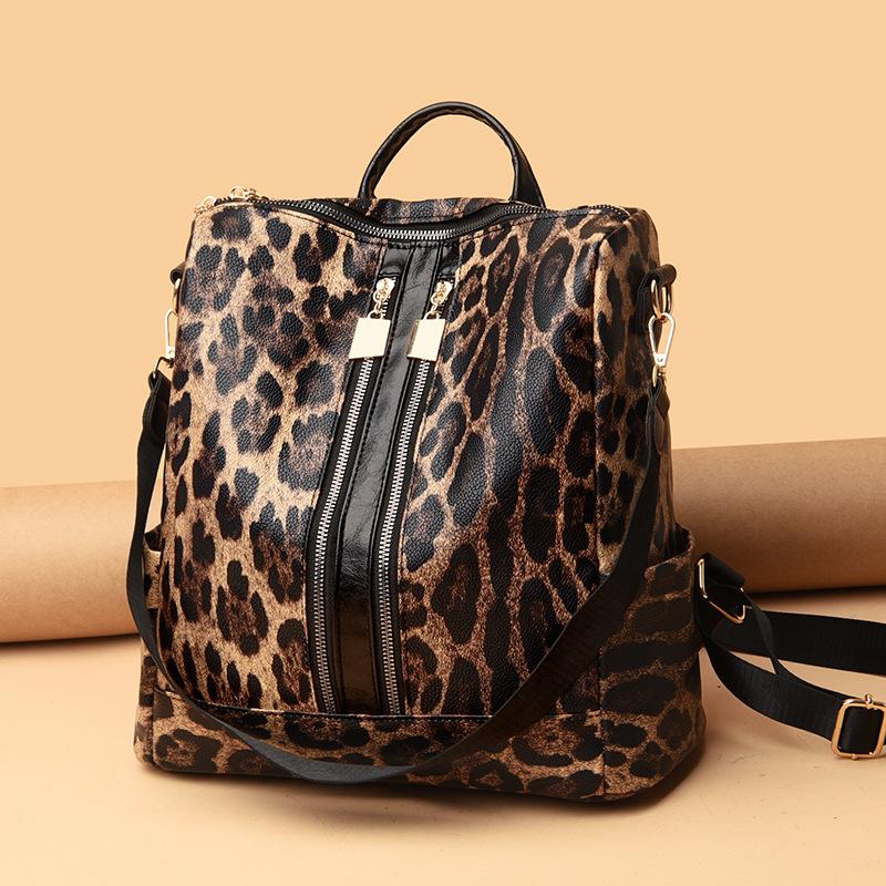 Backpack Fashion Retro Backpack Large Capacity Commuter Women'S Bag Cow Leopard Print Premium Textured Shoulder Bag