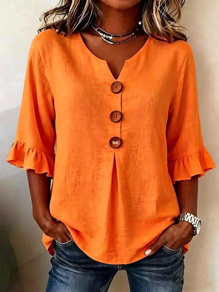 Frühjahr/Sommer 2026 Damen Baumwoll-Leinen Kleid mit V-Ausschnitt und Rüschenärmeln