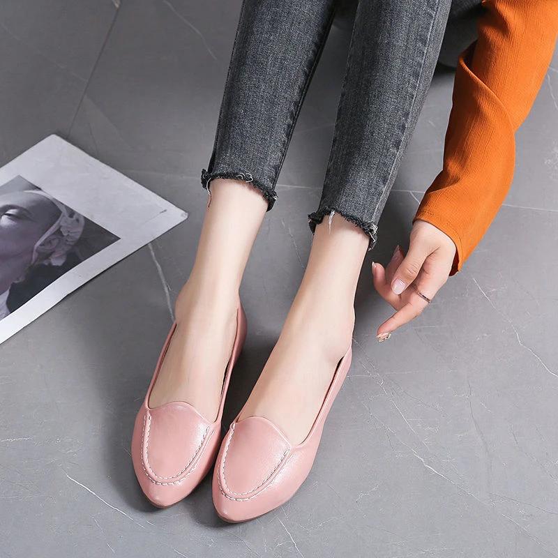 Fashion Leather Casual Pointed Toe Women's Flat Shoes Moccasins Ladies Footwear Vacation High Quality Fashion Slip On Chic Point 39 Non