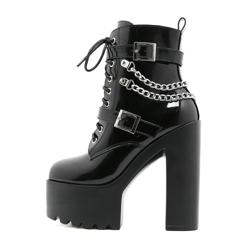 Gdgydh High Heels Boots DJ Stage Performance Chunky Heel Ankle Boots with Chains & Buckles Nightclub Party Shoes for Women
