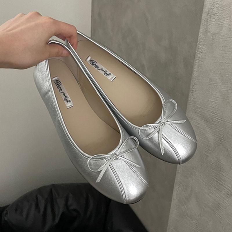 

Fashion Footwear Round Toe Ladies Flats Shoes Luxury Female Shallow Fashion Butterfly-Knot Slip On Women Ballet Flats Dance Shoes 35 серебряный
