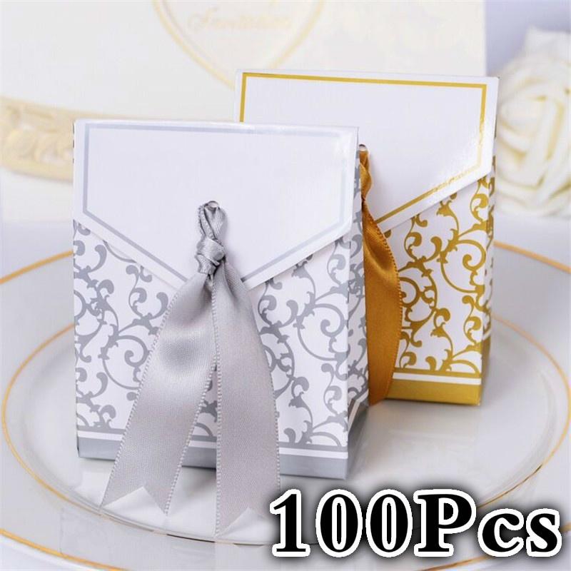 100PCS Gold Silver Paper Candy Box Gift Bag Wedding Gift Packaging Baby Shower Favors Birthday Party Supplies Wedding Candy Box