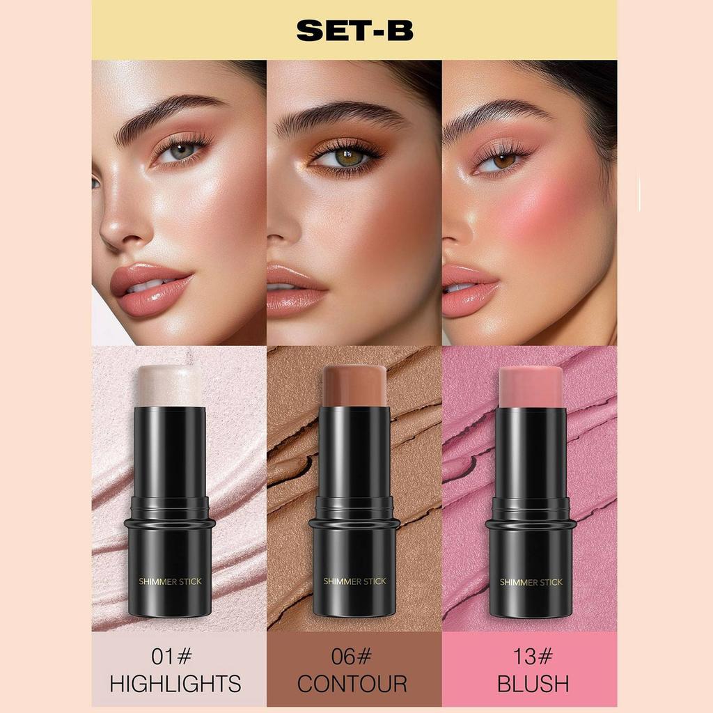 Powder Blusher Highlight Shadow Pen, Three Piece Set, Different Color Combinations. Suitable For Various Makeup Looks,6g*3