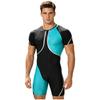 Men‘s Metallic Trim Color Block Swim Jumpsuit Short Sleeve Thigh Length Bodysuit with Back Hidden Zipper for Swimming Training