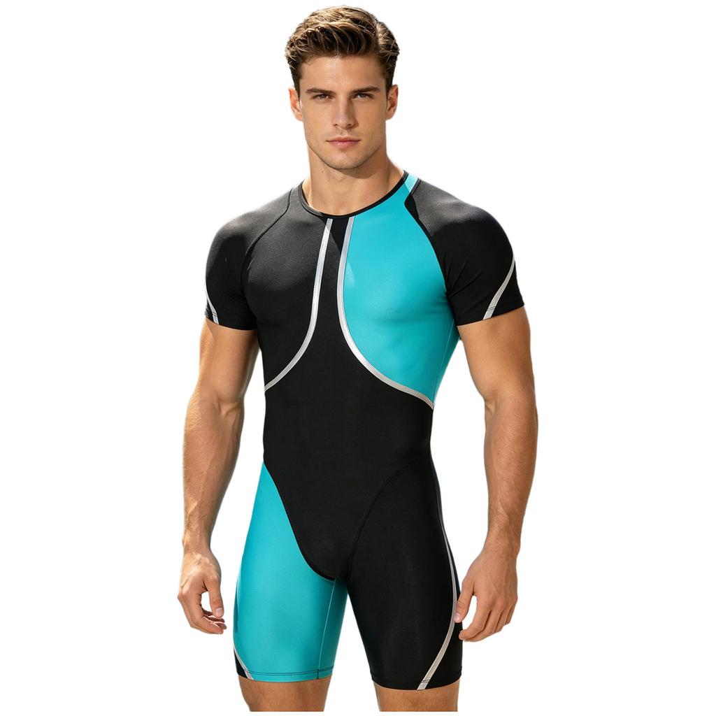 Men‘s Metallic Trim Color Block Swim Jumpsuit Short Sleeve Thigh Length Bodysuit with Back Hidden Zipper for Swimming Training