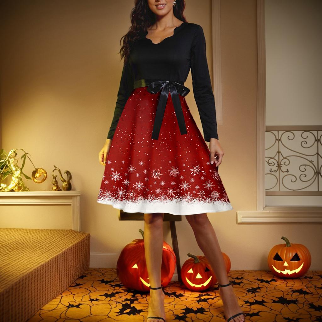 Rochie Retro cu Imprimeu de Crăciun, cu Mâneci Lungi și Decolteu în V, pentru Femei, Stil Casual, Modă